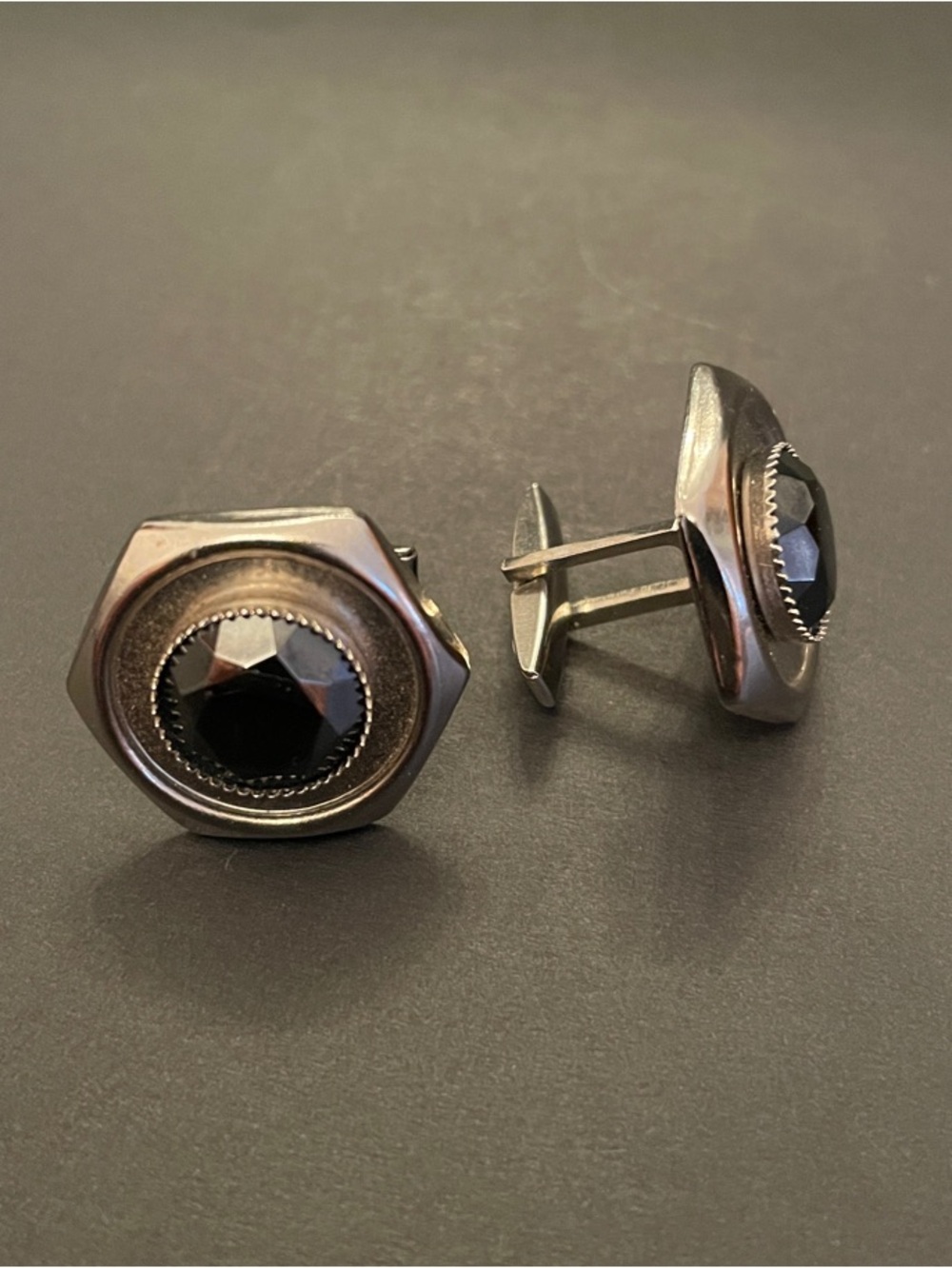 Vintage Black Faceted Stone Silver-Tone Classic Dressy Formal Event Cufflinks